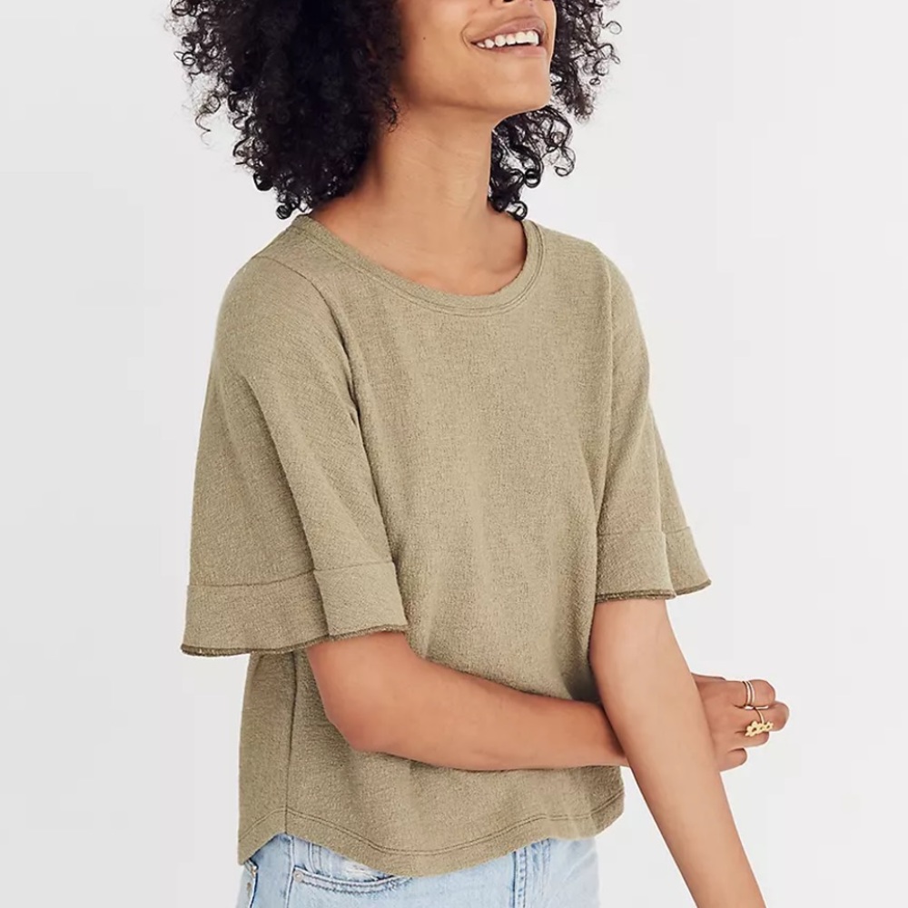 Madewell Texture and Thread Flutter Sleeve Top XS Green Cotton Oversized